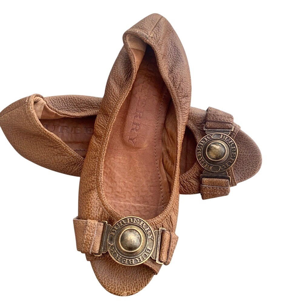 Burberry luxury‎ Leather Medallion Peep Toe flats loafers vintage shoes